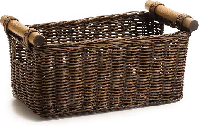 The Basket Lady Petit Pole Handle Wicker Storage Basket, Medium, 12 in L x 6.5 in W x 6 in H, Antique Walnut Brown by GreenHaven Gardens