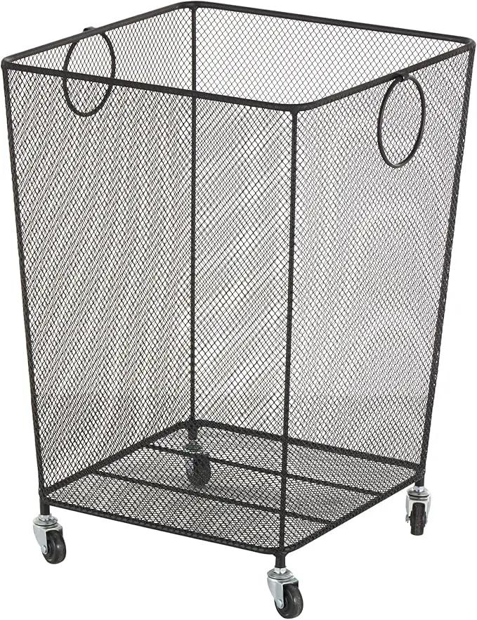 Deco 79 Metal Storage Basket Square Mesh Wire Rolling Laundry with Ring Handles, 17" x 16" x 24", Black by GreenHaven Gardens