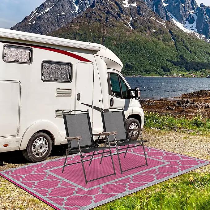 GENIMO 6' x 9' Outdoor Rug Waterproof for Patio Decor, Foldable Reversible Plastic Straw Area Rugs Mat for Camper, Outside Carpet for Rv, Deck, Porch, Picnic, Beach, Balcony, Pink & Grey by GreenHaven Gardens