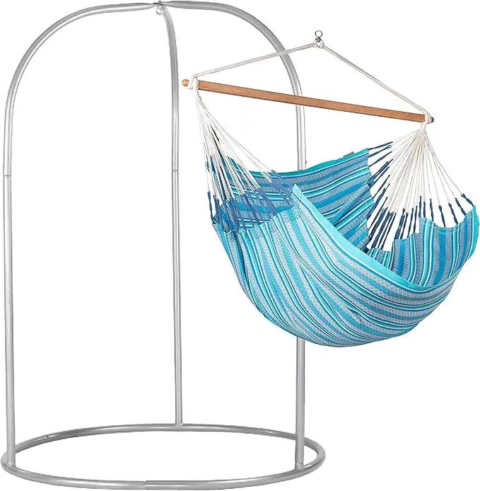 LA SIESTA® - XL King Habana Cotton Hammock & Romano Steel Stand - Indoor Outdoor Hanging Chair Swing for Bedroom Porch Balcony - Boho Hanging Chair - Azure by GreenHaven Gardens