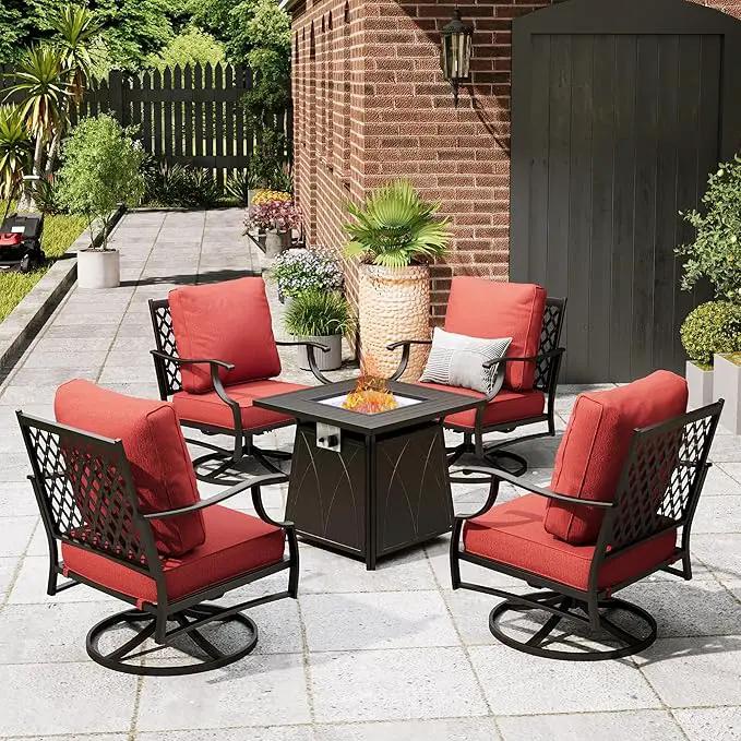 Patio Furniture Set with Fire Pit Table, 5 Pcs Metal Outdoor Conversation Set, 4 Swivel Chairs with 5.75" Extra Thick Cushion and 28" Fire Pit Table for Backyard Deck, Red by GreenHaven Gardens