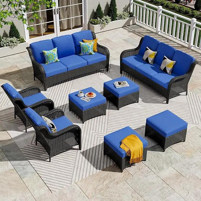 ovios 8 Pieces Patio Furniture Set, Outdoor Wicker Sofas with 2 Chairs, 4 Ottomans and Comfy Cushions, All Weather High Back Couch Set for Deck Porch, Brown Rattan, Navy Blue by GreenHaven Gardens