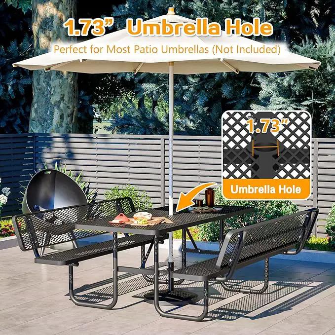 79'' Steel Rectangular Picnic Table for Outdoors, with backrest, Expanded, Lifetime Picnic Table with Umbrella Hole, Heavy Duty Sturdy Commercial Picnic Tables for Garden Courtyard BBQ, Black by GreenHaven Gardens