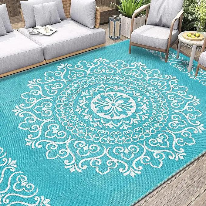 Pauwer Waterproof Outdoor Rug 6x9, Reversible Plastic Straw Patio Camping Rug, Indoor Outdoor RV Mat Carpet for Deck, Camper, Porch, Balcony, Backyard, Picnic, Floral Teal by GreenHaven Gardens
