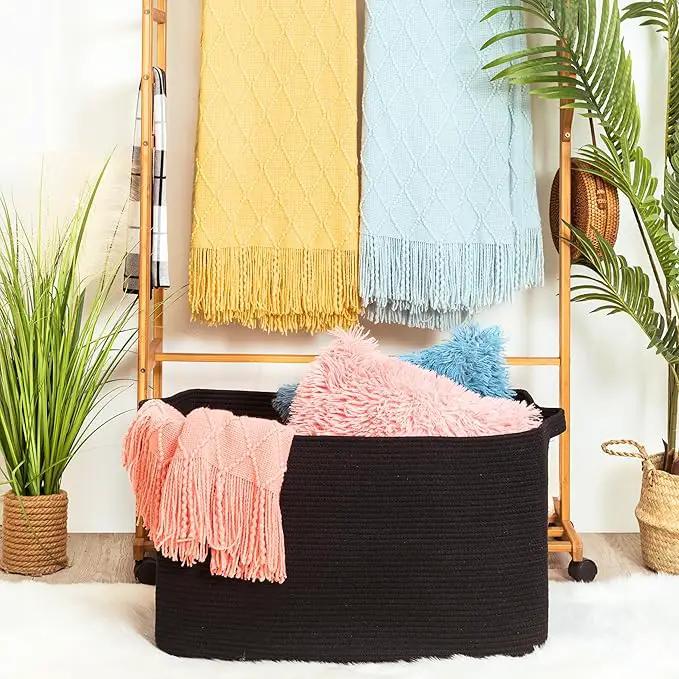 MINTWOOD Design 22in Extra Large Blanket Basket Holder Living Room, Rectangle Rope Woven Storage Basket with Handles for Laundry, Pool Towels, and Shoes, Dog Toy Organizer Bin Box, Full Black by GreenHaven Gardens