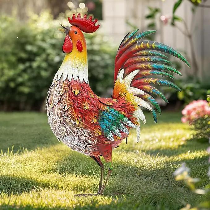 21" Metal Rooster Decor, Outdoor Garden Statues, Metal Chicken Sculpture for Backyard Patio Kitchen Decor by GreenHaven Gardens