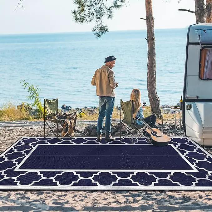 GENIMO 8' x 16' Outdoor Rug Waterproof for Patio, Foldable Reversible Plastic Straw Area Rugs Mat for Rv Decor, Outside Carpet for Camper, Deck, Picnic, Beach, Balcony, Porch, Blue & White by GreenHaven Gardens