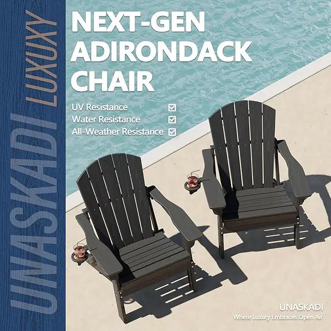 Folding Adirondack Chair Set of 4 with Cup Holder, HDPE All Weather Resistant Plastic Outdoor Patio Chairs, Heavy Duty Fire Pit Seating for Backyard Lawn Garden, Wooden Textured Design(Gray) by GreenHaven Gardens