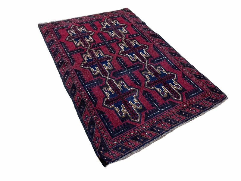 3X5 Vintage Handmade Tribal Wool Rug Balouchi Rug Afghan Rug Red Beige Blue Nice by Jewel Rugs