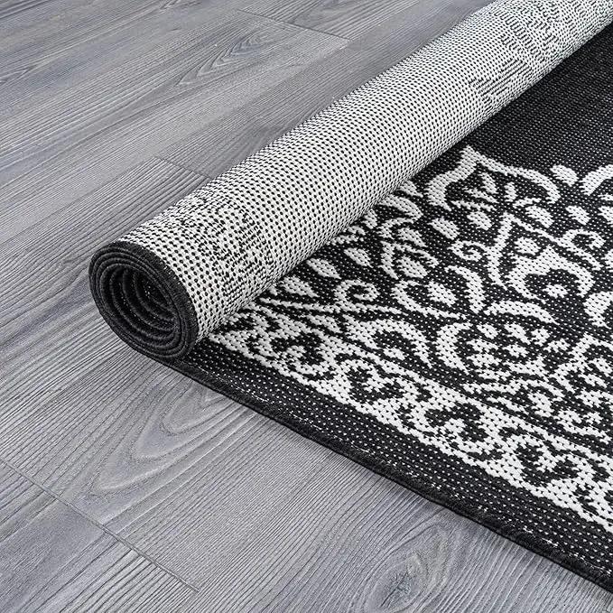 CAMILSON Indoor Outdoor Rug, 10x14 Medallion Black White Modern Area Rugs for Large Indoor and Outdoor Patios, Kitchen and Hallway Mats, Washable Porch Deck Outside Carpet (Medallion Black, 10 x 14) by GreenHaven Gardens
