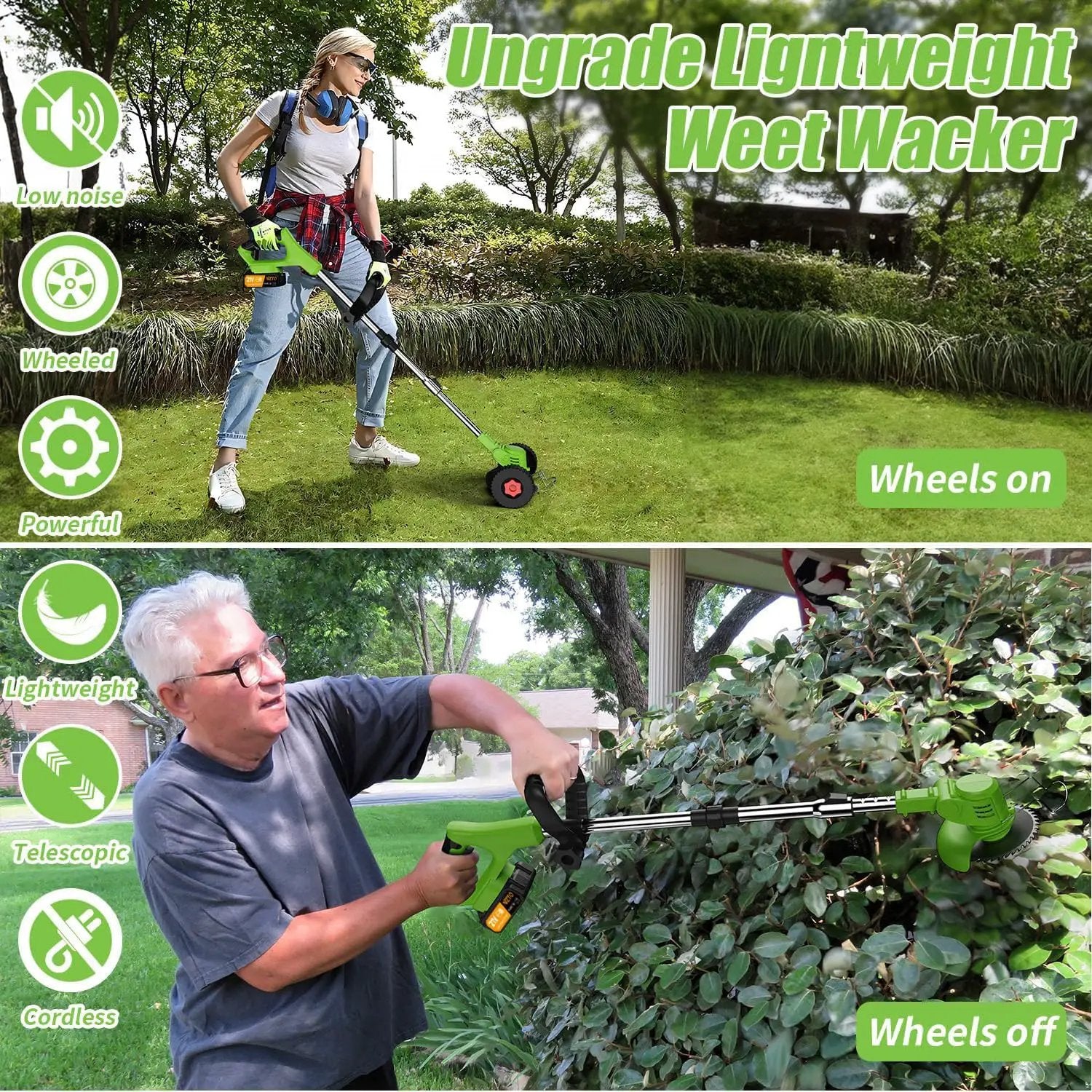 21V Electric Weed Wacker Eater Battery Powered, Cordless Weed Trimmer with 2 Battery Operated & Wheels, 3 in 1 Lightweight Grass Trimmer/Edger/Brush Cutter for Garden Yard Lawn by GreenHaven Gardens
