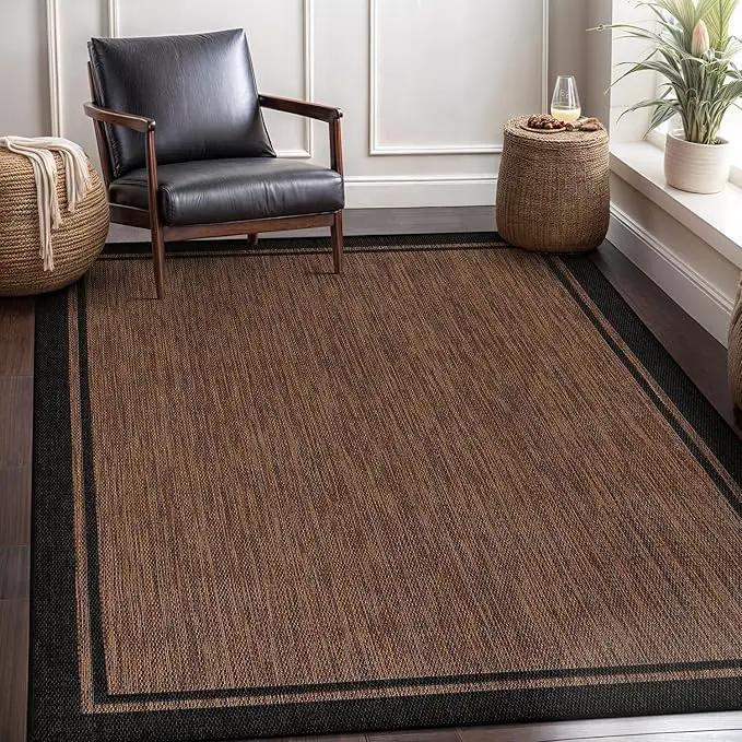 CAMILSON Indoor Outdoor Rug, 5x7 Bordered Nut Brown Black Modern Area Rugs for Indoor and Outdoor Patios, Kitchen and Hallway Mats, Washable Porch Deck Outside Carpet (Bordered Nut Brown Black, 5 x 7) by GreenHaven Gardens