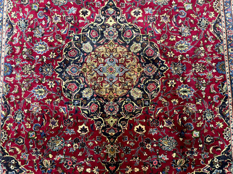 Traditional Persian Rug 8x11, Red Navy Blue, Floral Medallion, Antique Persian Mashad Carpet, Wool by Jewel Rugs
