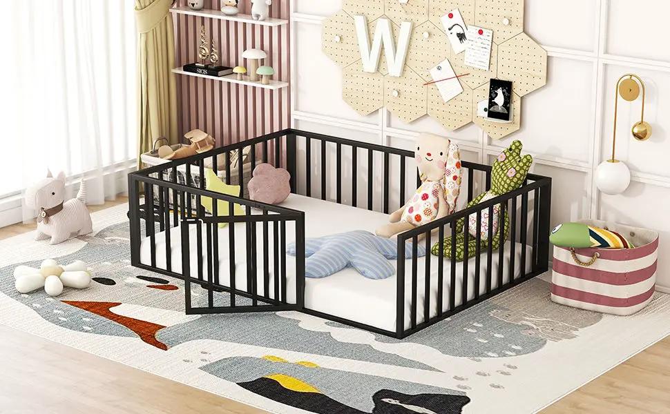 Metal Floor Bed Frame With Fence And Door by HouseOfZazla