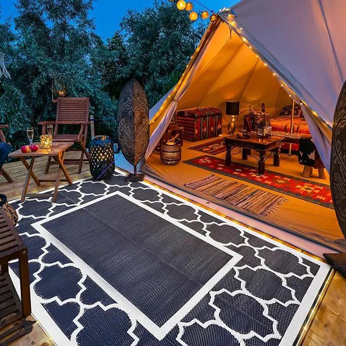 GENIMO 6' x 9' Outdoor Rug Waterproof for Patio Decor, Foldable Reversible Plastic Straw Area Rugs Mat with String Light, Led Carpet for Camper, Rv, Deck, Porch, Picnic, Beach, Balcony, Blue & White by GreenHaven Gardens