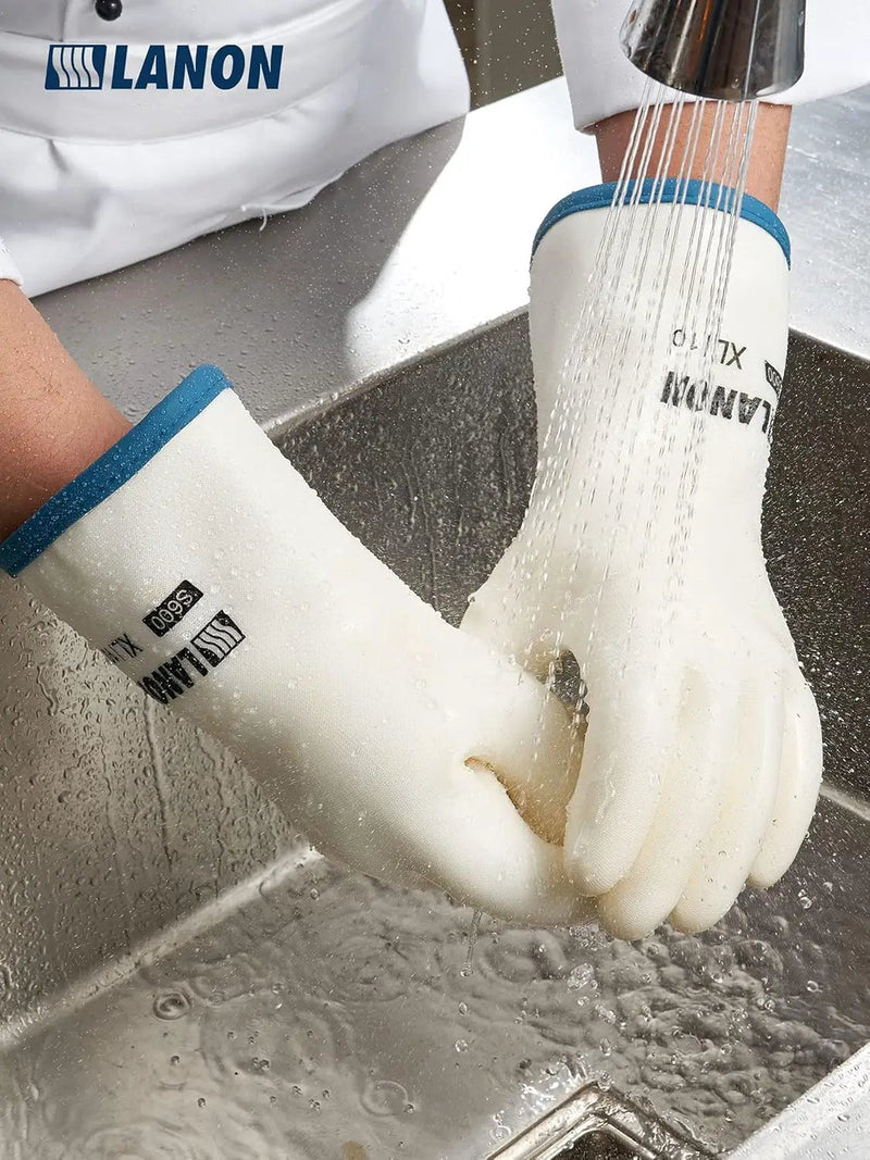 LANON Liquid Silicone Gloves, Heat Resistant Oven Gloves with Fingers, Food Grade, Waterproof, White, Medium by GreenHaven Gardens