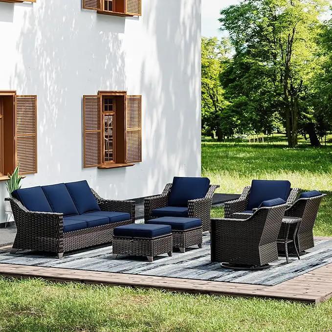 Joyside Wicker Patio Furniture Sets, 8 Pieces Upgraded Large Size Outdoor Furniture with Swivel Rocking Patio Chairs, Patio Dining Chair, 3-Seat Sofa, Outdoor Ottoman, Thick Cushions, Wide Armrest by GreenHaven Gardens