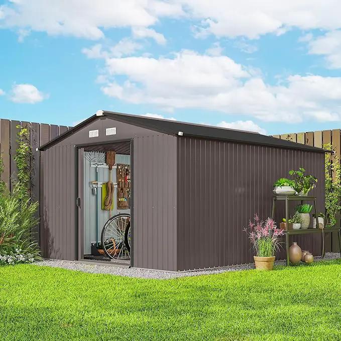 Outsunny 11' x 9' Outdoor Storage Shed, Garden Tool Metal Shed with Foundation Kit, Double Lockable Door, Air Vents and Sloping Roof, for Backyard, Patio, Lawn, Brown by GreenHaven Gardens