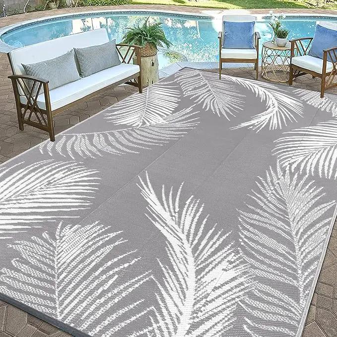 Pauwer Waterproof Outdoor Rug 9x12, Reversible Plastic Straw Patio Camping Rug, Indoor Outdoor RV Mat Carpet for Deck, Camper, Porch, Balcony, Backyard, Picnic, Leaf Grey by GreenHaven Gardens