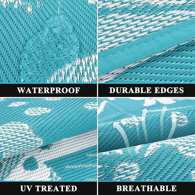 Pauwer Waterproof Outdoor Rug 6x9, Reversible Plastic Straw Patio Camping Rug, Indoor Outdoor RV Mat Carpet for Deck, Camper, Porch, Balcony, Backyard, Picnic, Floral Teal by GreenHaven Gardens