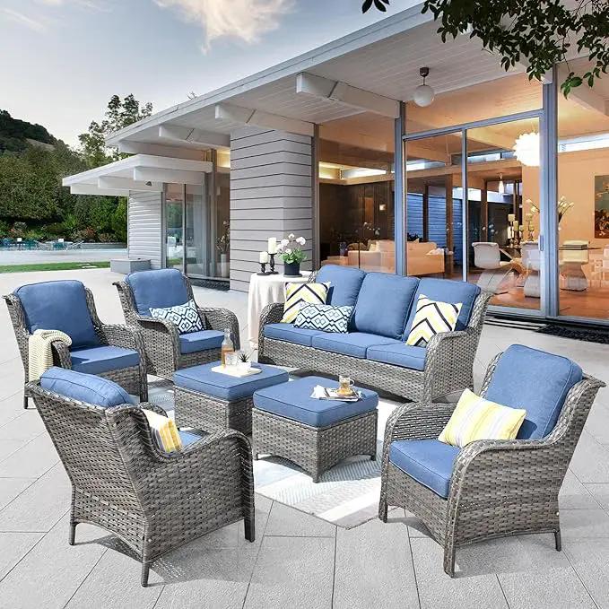 ovios 7 Pieces Patio Furniture Set, Outdoor Wicker Sofas with 4 Chairs, Ottomans and Comfy Cushions, All Weather High Back Couch Set for Deck Porch, Grey Rattan, Denim Blue by GreenHaven Gardens