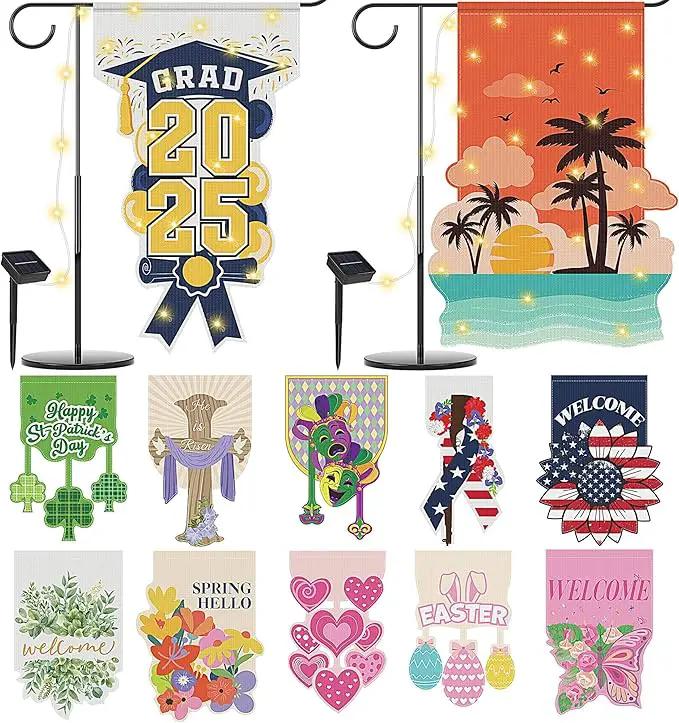 12 Set Seasonal Garden Flags 8 Modes Solar LED Double Sided 12 x 18 Inch Small Yard Flag Outdoor Lighted Spring Summer Easter Graduation Memorial Day Garden Decor for All Seasons, 12 Styles by GreenHaven Gardens