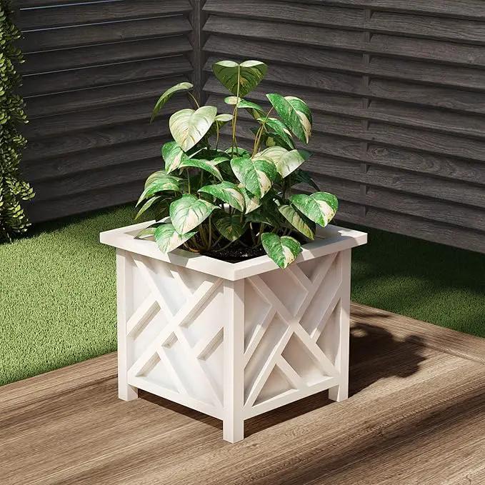 Planters Box - 14.75in Lattice Flower Box Plant Pot - Outdoor Patio Planters and Flower Boxes for Front Porch or Garden Decor by Pure Garden (White) by GreenHaven Gardens