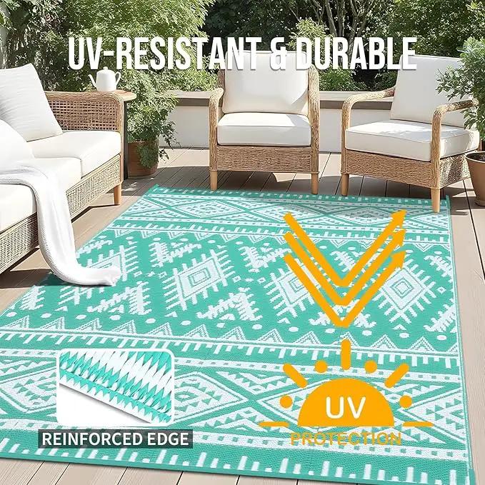 OLANLY Outdoor Rug Waterproof 10x14 ft, Reversible Outdoor Plastic Straw Rug, Boho Patio Rug, Indoor Outdoor Carpet, RV Mat Outside for Patio, Camp, Picnic, Balcony, Deck, Backyard, Turquoise & White by GreenHaven Gardens