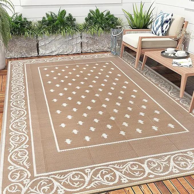 Pauwer Waterproof Outdoor Rug 8x10, Reversible Plastic Straw Patio Camping Rug, Indoor Outdoor RV Mat Carpet for Deck, Camper, Porch, Balcony, Backyard, Picnic, Bordered Beige by GreenHaven Gardens
