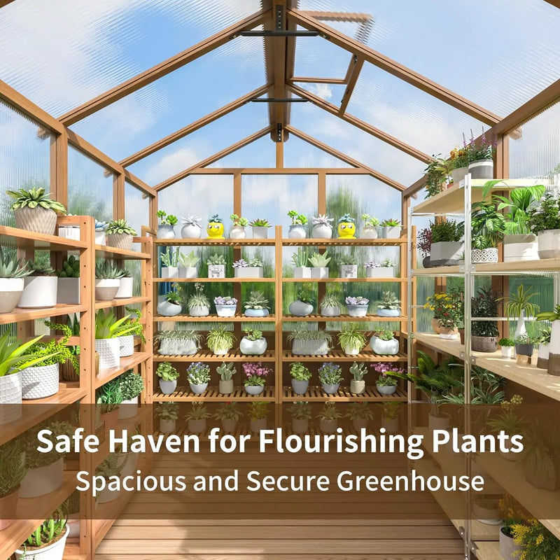 6x8 FT Greenhouse, Wooden Walk-in Greenhouse for Outdoors with 6MM Thick Polycarbonate Panel and Adjustable Roof Vents, Garden Backyard, Patio, Lawn, Wood Colour by GreenHaven Gardens