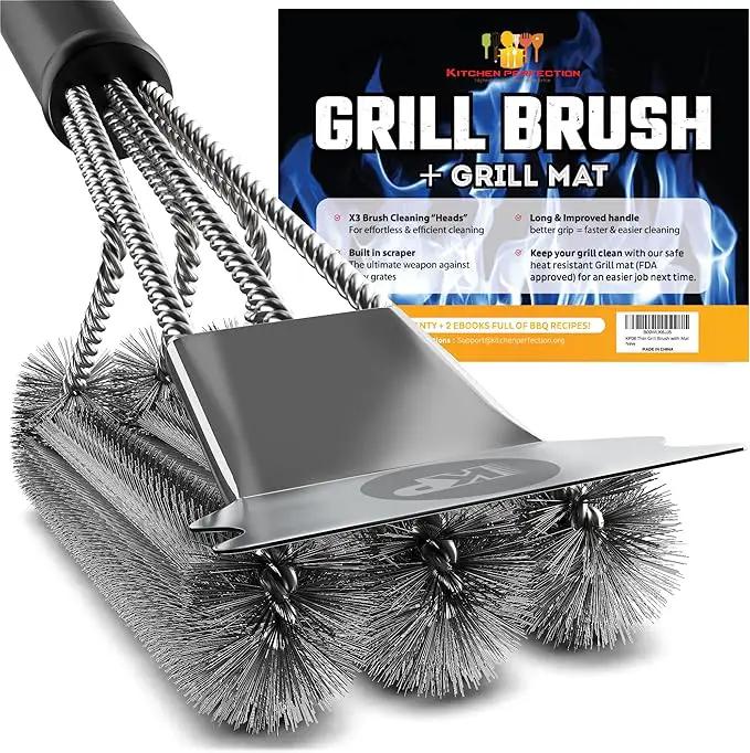 KITCHEN PERFECTION Safe Wire Grill Brush for Outdoor Grill w/Grill Scraper & Grill Mat Grill Cleaning Kit -Extended Handle BBQ Brush for Effortless Grill Cleaning Grill Cleaner Brush Barbecue Tools by GreenHaven Gardens