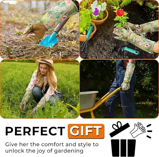 HANDLANDY Leather Gardening Gloves for Women, Thorn Proof Breathable Ladies Rose Pruning Garden Gauntlet Yard Gloves, Gift for Gardeners (Khaki, XL) by GreenHaven Gardens