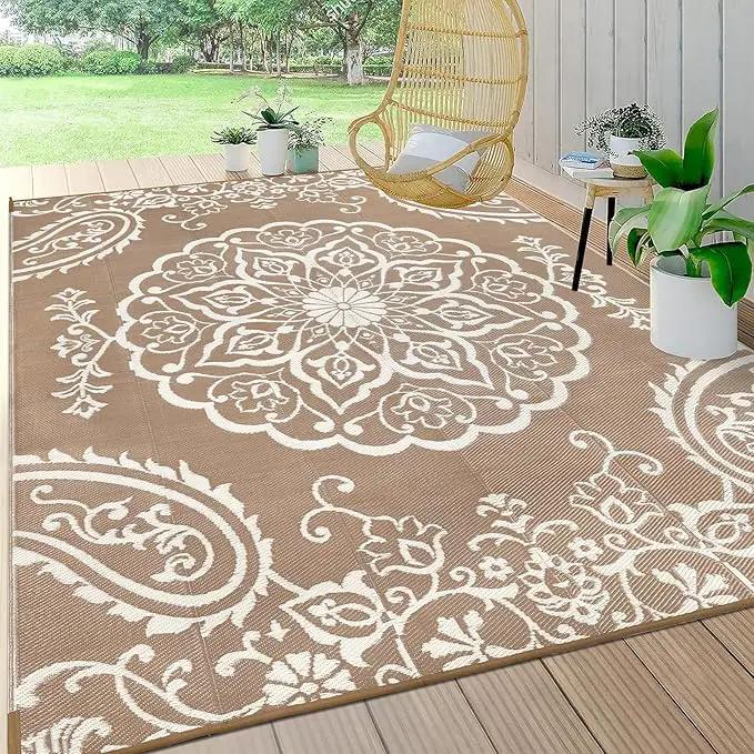 Pauwer Waterproof Outdoor Rug 10x14, Reversible Plastic Straw Patio Camping Rug, Indoor Outdoor RV Mat Carpet for Deck, Camper, Porch, Balcony, Backyard, Picnic, Boho Brown by GreenHaven Gardens