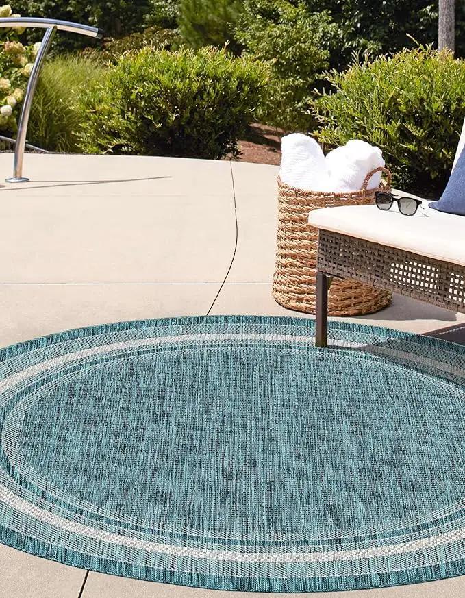 Unique Loom Outdoor Border Collection Area Rug - Soft Border (13' Round, Teal/ Ivory) by GreenHaven Gardens