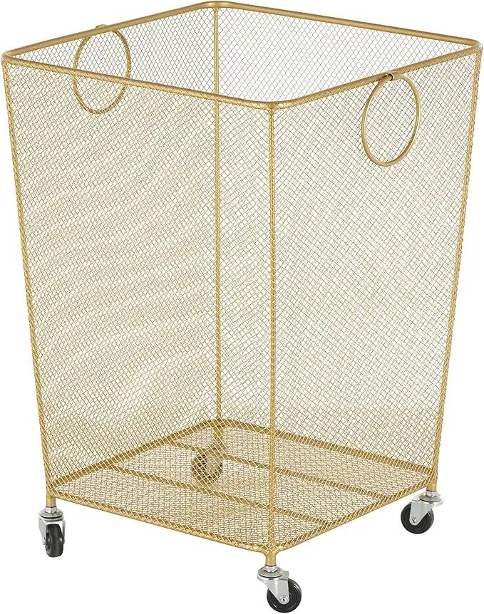 Deco 79 Metal Storage Cart Square Mesh Wire Rolling Laundry with Ring Handles, 17" x 16" x 24", Gold by GreenHaven Gardens