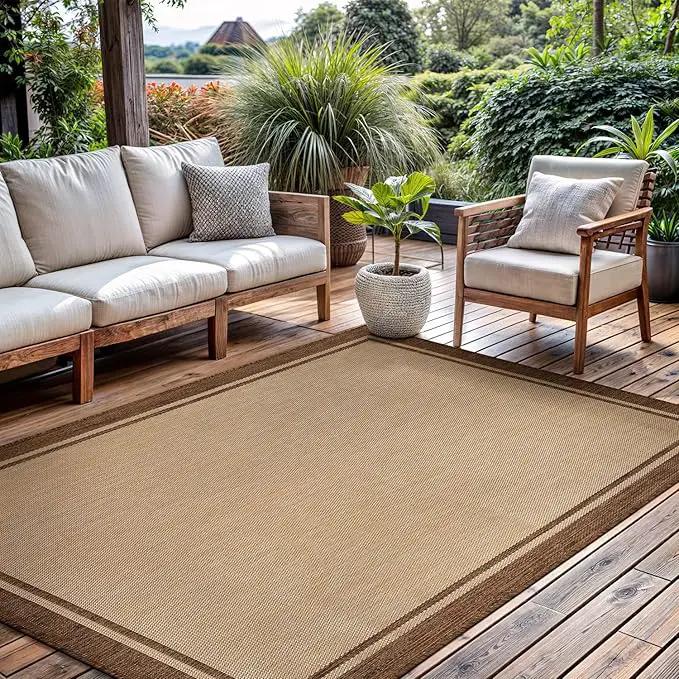CAMILSON Outdoor Rug 8x10 Bordered Natural Brown Modern Area Rugs for Indoor and Outdoor Patios, Kitchen and Hallway Mats, Washable Porch Deck Outside Carpet (Border Jute, 8 x 10) by GreenHaven Gardens