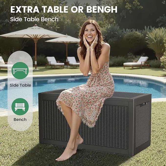 100 Gallon Storage Box, Waterproof Resin Deck Box with Hydraulic Piston Design, Lockable Storage Bench for Package Delivery, Storage Bin for Patio Cushions, Garden Tools, Black by GreenHaven Gardens