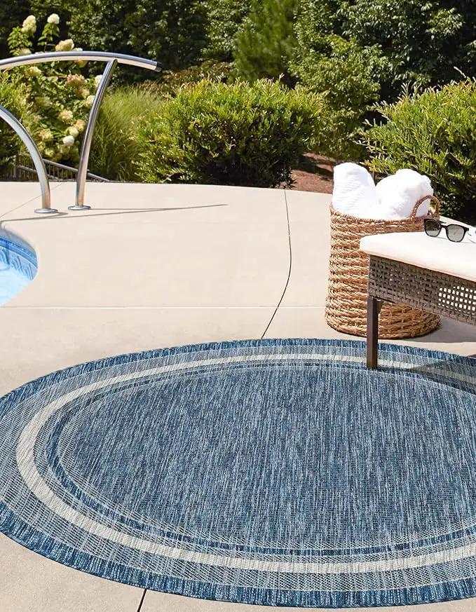 Unique Loom Outdoor Border Collection Area Rug - Soft Border (5' Round Blue/Ivory) by GreenHaven Gardens