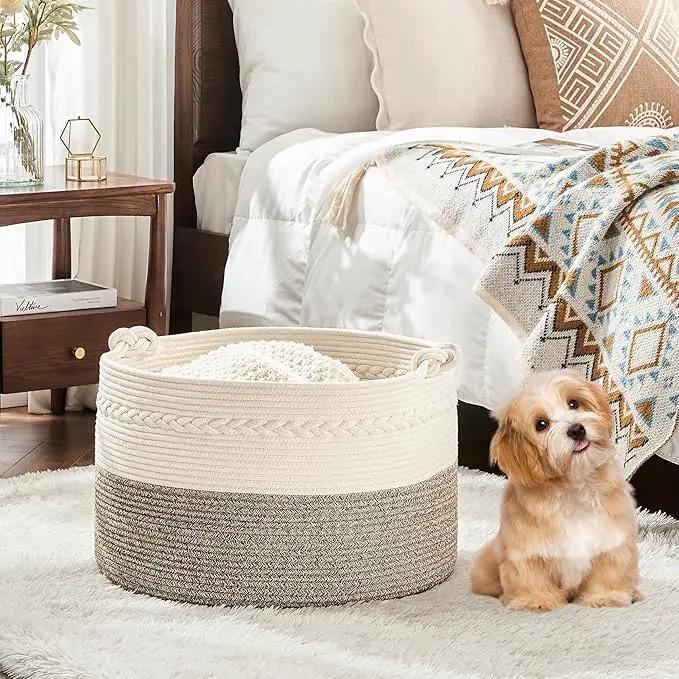 KAKAMAY Large Blanket Basket (20"x13"),Woven Baskets for storage Baby Laundry Hamper, Cotton Rope Blanket Basket for Living Room, Laundry, Nursery, Pillows, Baby Toy chest (White/Beige) by GreenHaven Gardens
