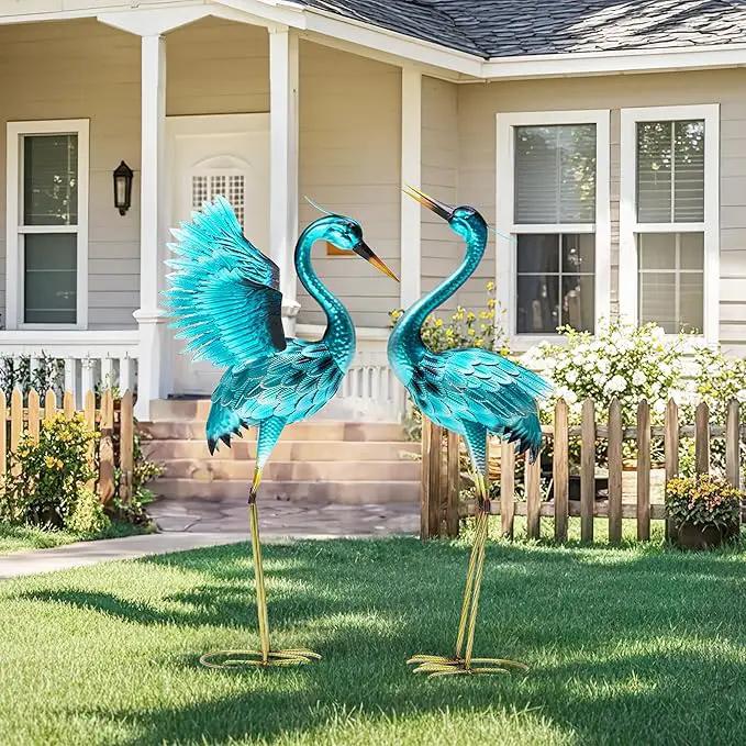 36.75" Metal Crane Garden Statue - Handmade Oversize Heron Sculptures with Stable Ground Stakes, Backyard Large Bird Decoration, Metal Garden Art. by GreenHaven Gardens