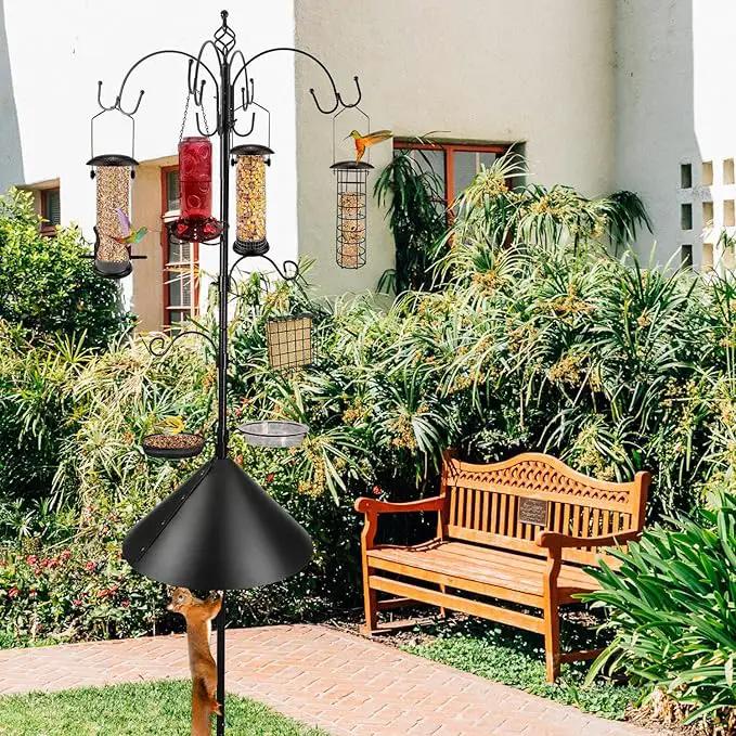 Bird Feeding Station Kit with Squirrel Baffle Bird Feeder Pole with Suet Cage Mesh Tray Fruit Hook Double W Hook for Attracting Wild Birds and Hanging Planter Hanger Lights by GreenHaven Gardens