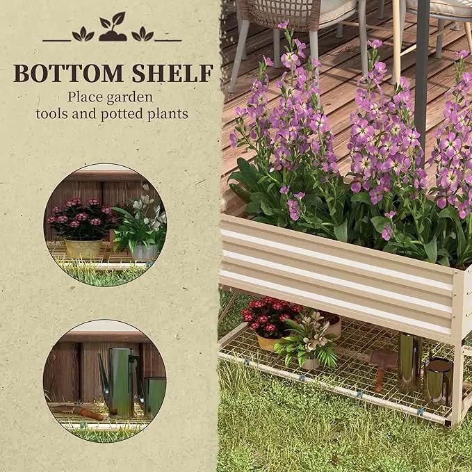 Outsunny Raised Garden Bed with Galvanized Steel Frame, Storage Shelf and Bed Liner, Elevated Planter Box with Legs for Vegetables, Flowers, Herbs, Cream by GreenHaven Gardens