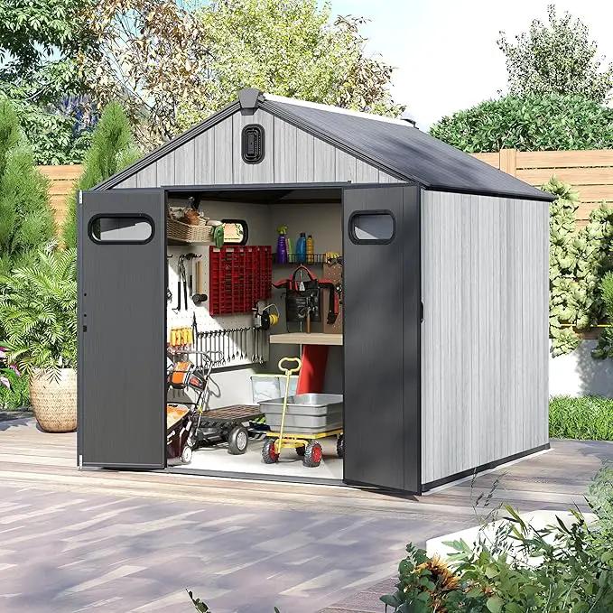 Domi 8x8FT Outdoor Resin Storage Shed with Transparent Windows & Louvered Vents, Plastic Tool Shed with Double Lockable Doors & Gable Roof, Outside Garden Shed for Backyard, Patio, Lawn, Grey by GreenHaven Gardens
