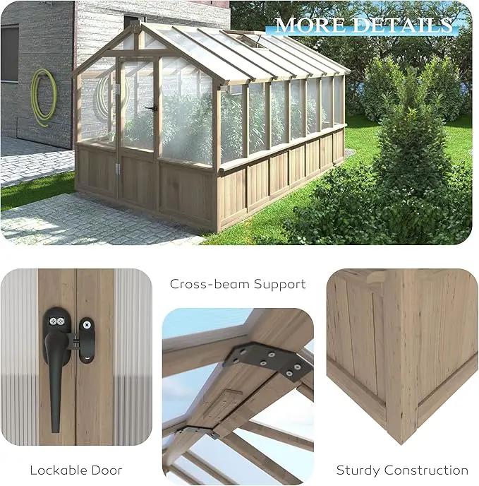 8x14 FT Outdoor Greenhouse Kit, 6MM Thick Polycarbonate Panel Wooden Walk-in Green House with Adjustable Roof Vents & Roof Vents, Backyard Garden, Light Mocha Brown by GreenHaven Gardens