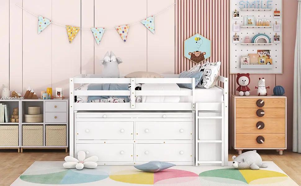 Loft Bed With Retractable Writing Desk And 4 Drawers, With Lateral Portable Desk And Shelves by HouseOfZazla