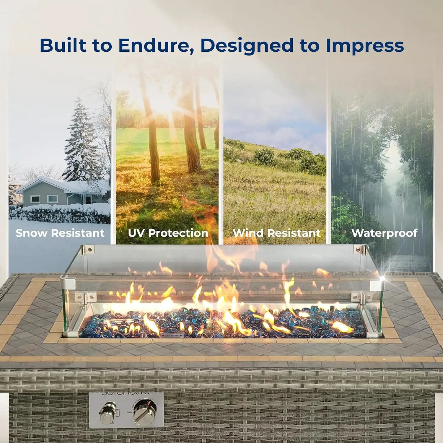SereneLife Outdoor Propane Fire Pit Table 50000 BTU with Auto Ignition, Glass Wind Guard, Mosaic Tile Top, Clear Glass Rocks, and Weather-Resistant Design for Patio or Backyard