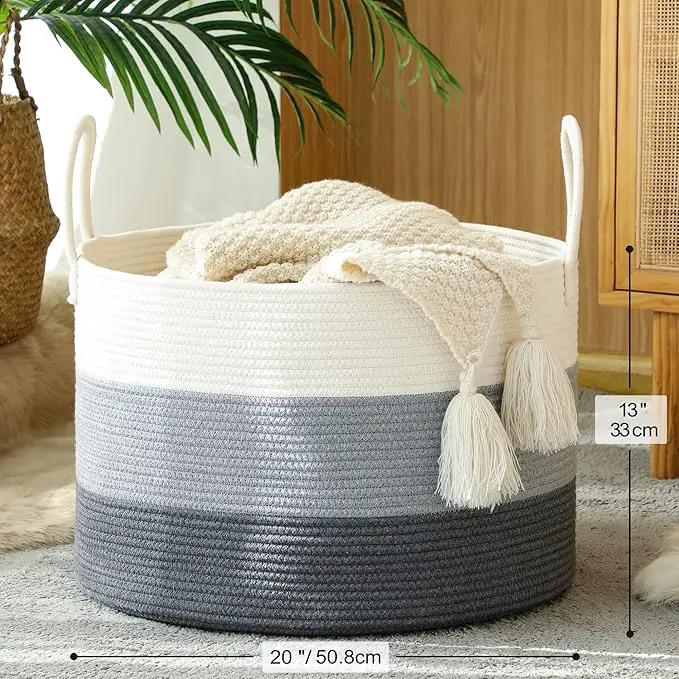 KAKAMAY Large Blanket Basket (20"x13"),Woven Baskets for storage Baby Laundry Hamper,Cotton Rope Blanket Basket for Living Room, Laundry, Nursery, Pillows, Baby Toy chest with Handles (White/Grey) by GreenHaven Gardens