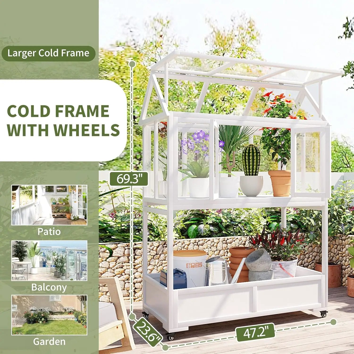 Greenhouse Cold Frames with Wheels - Adjustable Shelves Portable Cold Frame for Balcony/Patio, UV-Resistant Indoor Outdoor Plant Growing Cabinet (Large, Heavy-Duty) (White) by GreenHaven Gardens