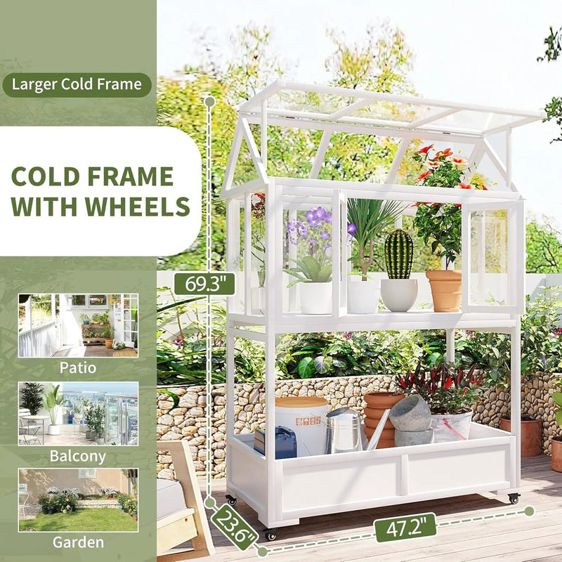 Portable Wooden Cold Frame Greenhouse with Wheels - 47" Mini Greenhouse with Adjustable Roof, Storage Box & Polycarbonate Panels - Plant Protector for Seedlings, Herbs & Winter Gardening (White) by GreenHaven Gardens