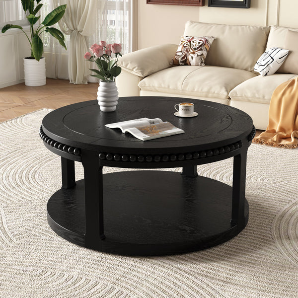 31.5 Inch Solid Wood Round Coffee Table for Living Room,2-Tier Rustic Wood Desktop with Storage Shelf Modern Design Home Furniture (Black)